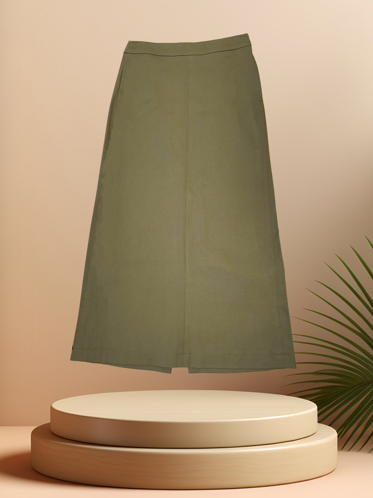D'errico Army Green Long Skirt displayed on a pedestal, highlighting its straight cut and chic design.