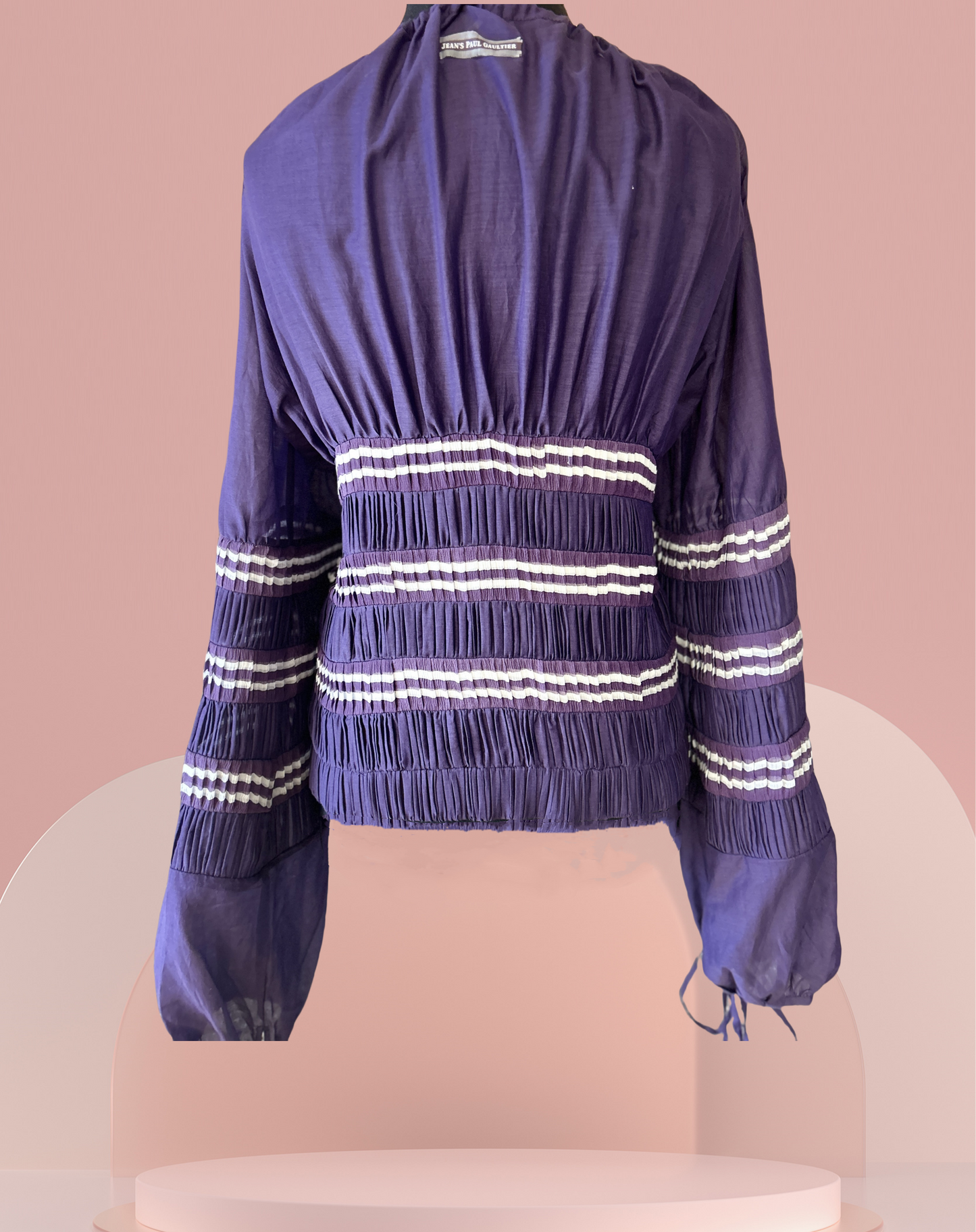 Jean's Paul Gaultier purple blouse with puff sleeves and detailed stitching, made of cotton and silk for a luxurious look.