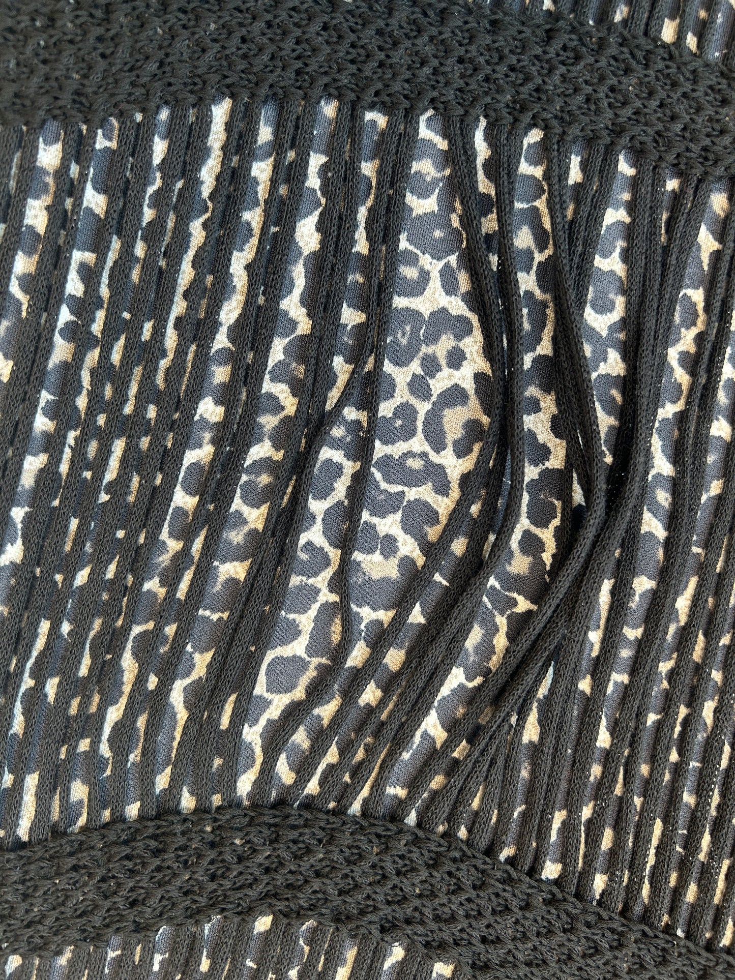 Close-up of Marccain 2 Pieces Leopard Print Dress showcasing knitted outer layer and leopard print lining.