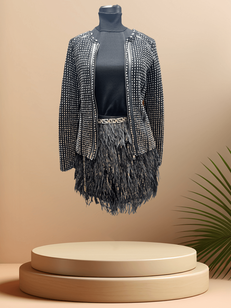 Michael Kors Feather Skirt with unique feather detailing styled with a chic black jacket, perfect for trendy outfits.