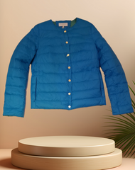 Escada Reversible Puffer jacket in blue, lightweight, goose down filling for stylish warmth and versatility.