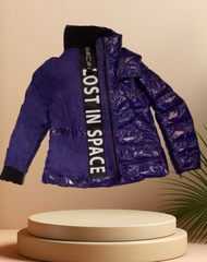 Marccain Royal Blue Reversible Quilted Jacket with 'Lost in Space' detail, showcasing a futuristic and stylish design.