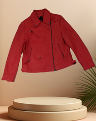 Marccain red leather jacket displayed on a pedestal, showcasing its classic cut and stylish design.