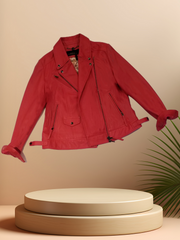 Marccain Leather Jacket in vibrant red, featuring a classic cut and stylish zippers, perfect for a bold fashion statement.