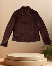 Marccain leather jacket in dark brown on a stylish display, showcasing timeless style and quality craftsmanship.