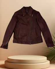 Marccain leather jacket in dark brown on a stylish display, showcasing timeless style and quality craftsmanship.
