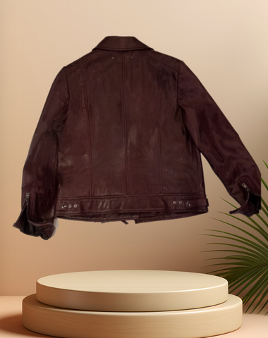 Back view of Marccain Leather Jacket showcasing its classic cut and high-quality leather design.