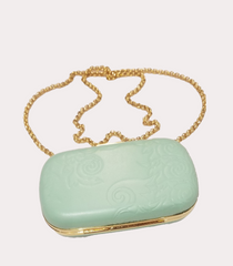 Stylish Versace Clutch in light green with gold chain, perfect for elevating your party outfit.