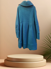 Back view of Save the Queen Cyan Blue Coat with flower shape collar, showcasing its soft wool blend design.