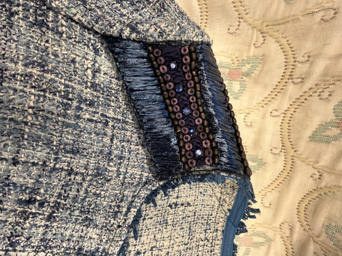 Close-up of Seventy Blue Spring Jacket showing bead detailing and textured fabric, perfect for stylish outerwear.