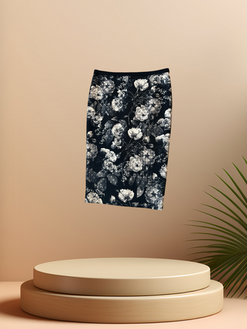 Marccain black and white rose print skirt on display, showcasing its elegant floral design and sophisticated style.