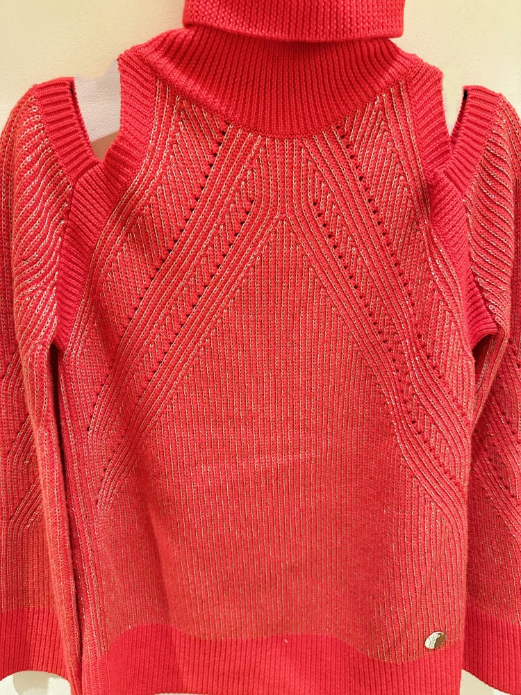 Versace sweater in bold red with gold threading, featuring a stylish turtleneck and cut-out shoulder details.