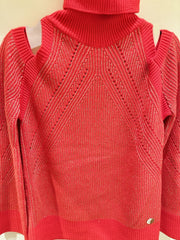 Versace sweater in bold red with gold threading, featuring a stylish turtleneck and cut-out shoulder details.