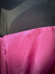 Close-up of luxurious Escada purple silk dress showcasing soft silk and elegant black tulle details.