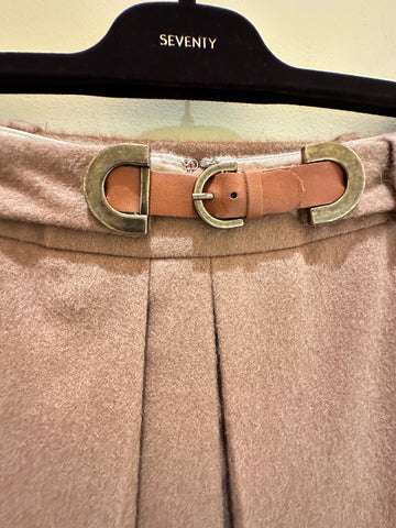 Close-up of the Seventy A-Line Skirt's waist with a stylish belt and buckle detail on a hanger.