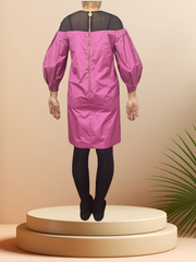 Escada purple dress with black tulle shoulder line displayed on a model, perfect for elegant occasions.