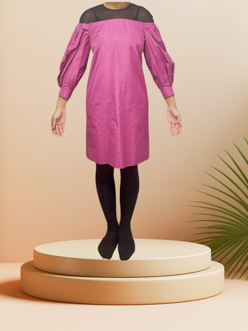 Stunning Escada purple silk dress with black tulle shoulder detail, perfect for an elegant look.