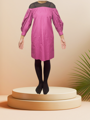 Stunning Escada purple silk dress with black tulle shoulder detail, perfect for an elegant look.