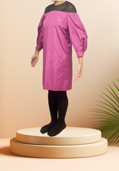 Escada purple silk dress with black tulle shoulder line, featuring soft silk fabric for an elegant look.