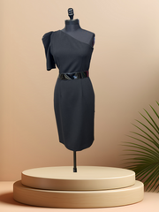 Elegant Michael Kors black one-shoulder dress on a mannequin, showcasing a flattering fit and stylish belt.