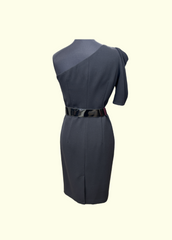 Back view of Michael Kors black one-shoulder dress featuring a sleek design and stylish belt.