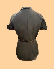 Back view of a stylish black Michael Kors blouse with short sleeves and a fitted design.