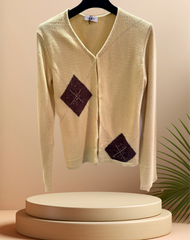 Laurel Vest & Cardigan Set in soft beige with dark diamond patterns, showcasing elegant and timeless design.
