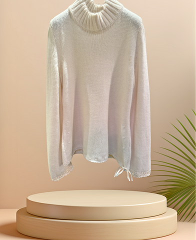 Laurel Sweater in creamy white, stylish and warm, featuring a turtleneck and fine material, perfect for cold weather.