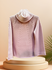 Cozy Laurel Sweater in peach puff color, made from 100% new wool, perfect for stylish warmth on cooler days.