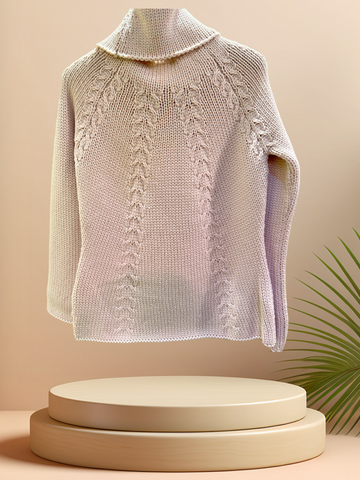 Laurel Sweater in peach puff color, made of 100% new wool, showcasing a stylish knitted design.