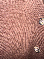 Close-up detail of Escada brown cardigan fabric with buttons, showcasing its classic cut and soft texture.