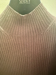 Close-up of a ribbed dark brown blouse collar on a clothing hanger, showcasing texture and design details.