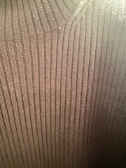 Close-up of a ribbed Escada blouse made from 90% new wool and 10% cashmere in a rich brown color.