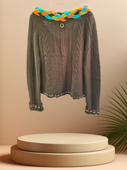 Save the Queen Cardigan with colorful braid detail, perfect for adding style to any outfit.