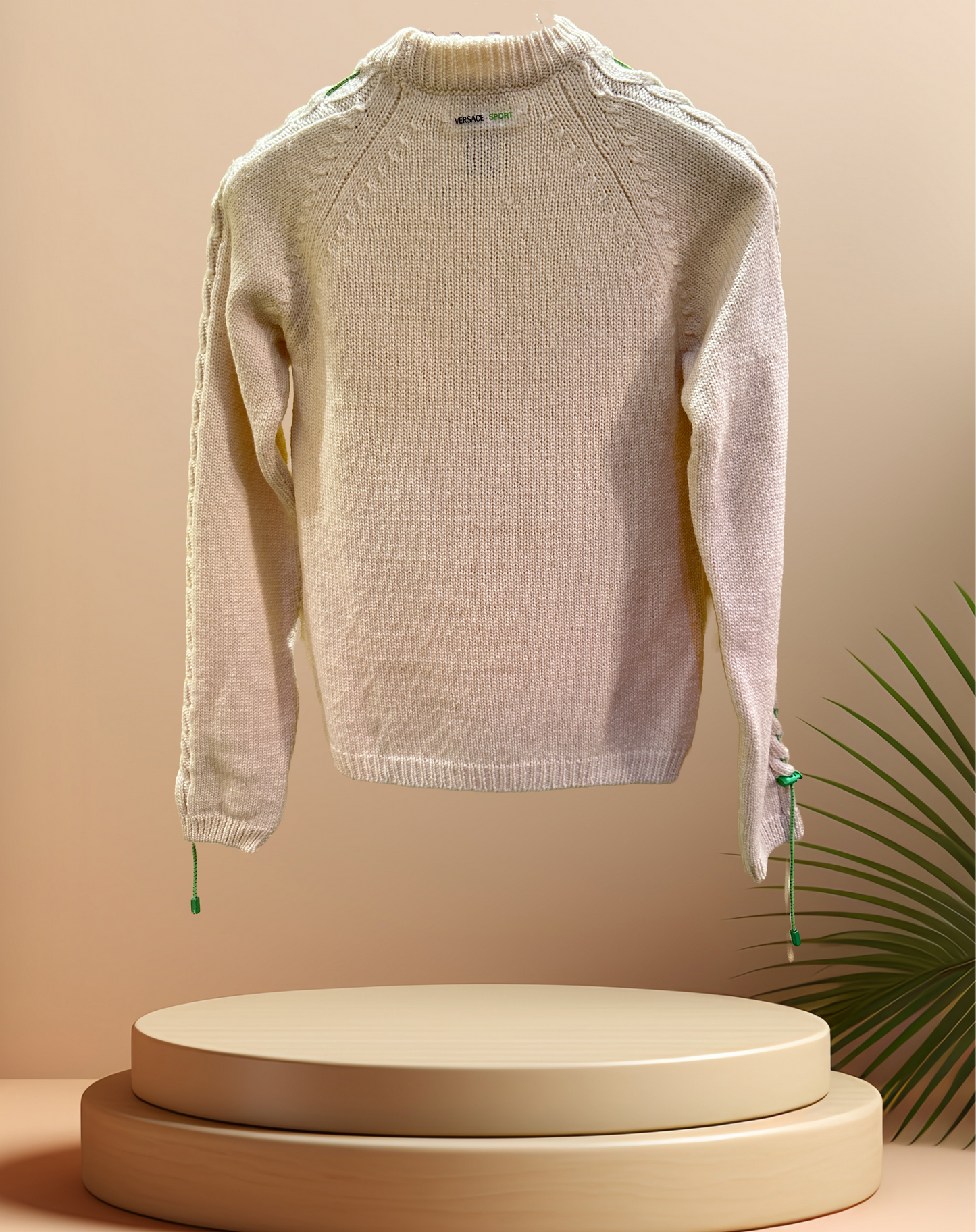 Versace White Sweater featuring a modern green thread braid along the sleeves, crafted from 95% new wool.