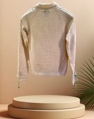Versace White Sweater featuring a modern green thread braid along the sleeves, crafted from 95% new wool.