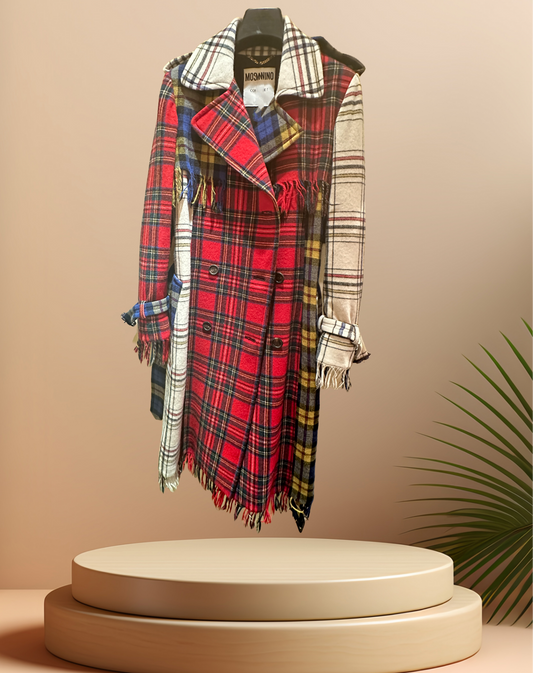 Moschino Long Tartan Coat featuring a vintage plaid design and elegant long cut, displayed on a pedestal.