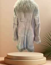 Back view of the Essential Long Fur Coat made from 100% rabbit fur with a stylish mosaic design.