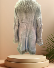 Back view of the Essential Long Fur Coat made from 100% rabbit fur with a stylish mosaic design.