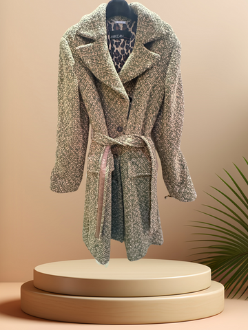 Marccain Long Coat featuring a vintage cut, patterned design, and detachable belt, perfect for stylish warmth.