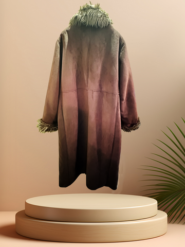 Back view of Novelti Long Coat with fur collar, showcasing a stylish design on a display pedestal.