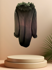 Novelti Long Coat featuring a fur collar, classic design, and leather look fabric, perfect for cold weather.