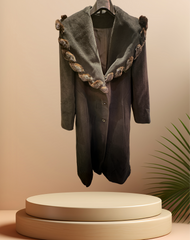 Mallia Black Fur Braid Collar Long Coat on display with luxurious fabric and chic design, perfect for winter warmth and style.