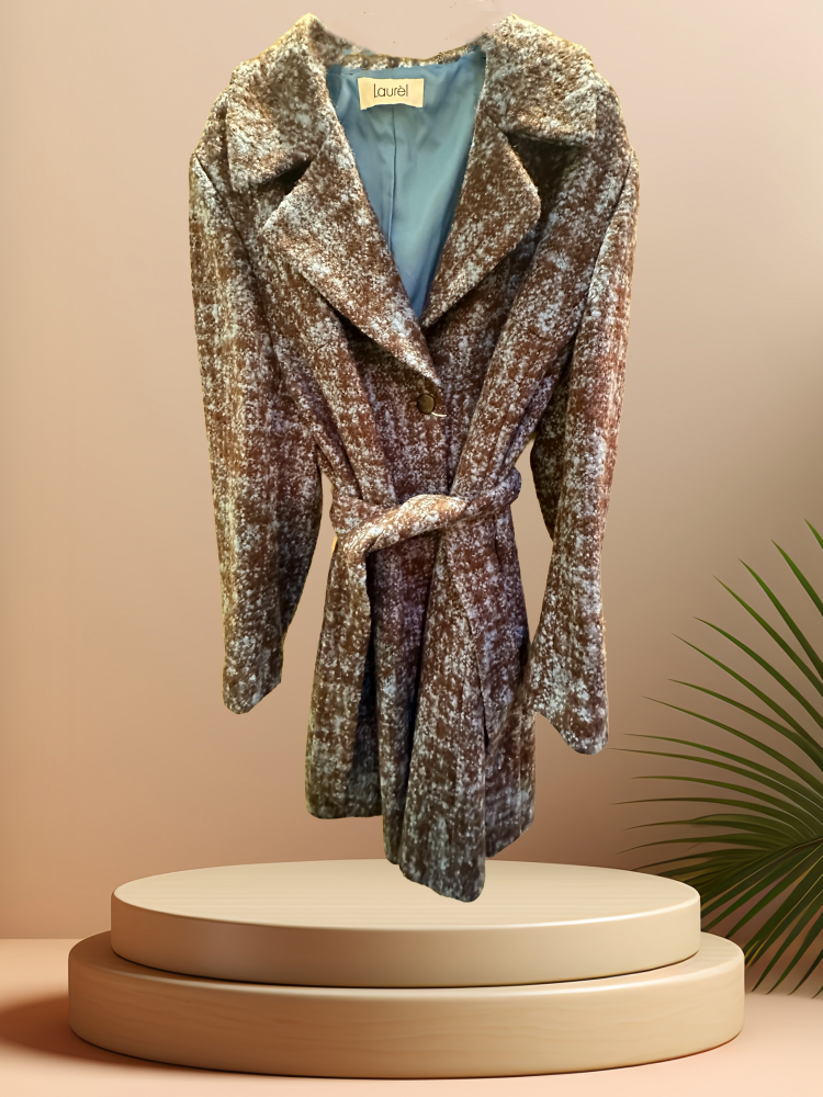 Laurel Gray Long Coat featuring a stylish belt, made of 95% virgin wool, perfect for fashion and warmth.