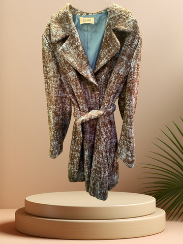 Laurel Gray Long Coat featuring a stylish belt, made of 95% virgin wool, perfect for fashion and warmth.