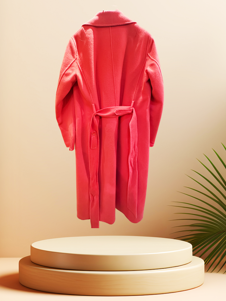 Marccain coral red long coat made of wool and cashmere, stylishly displayed with a minimalistic background.