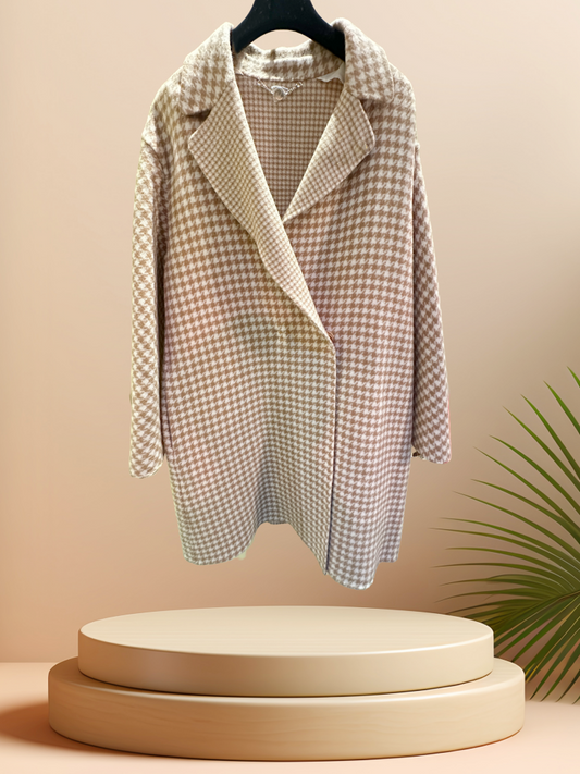 Marccain Houndstooth Long Coat, 100% wool, stylish and professional outerwear, displayed on a hanger.