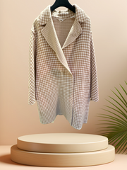 Marccain Houndstooth Long Coat, 100% wool, stylish and professional outerwear, displayed on a hanger.