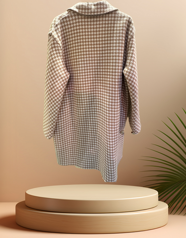 Marccain Houndstooth Long Coat displayed on a stand, showcasing its luxurious 100% wool design and stylish pattern.