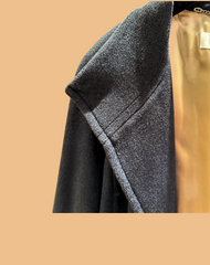Laurel Gray Long Coat close-up, showcasing its soft wool and silk fabric, with a stylish collar and removable belt.
